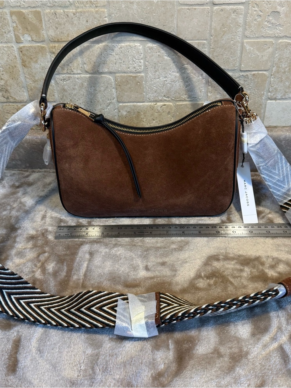 Marc Jacobs Suede Crossbody Shoulder Bag Brown Black Woven Strap NWT